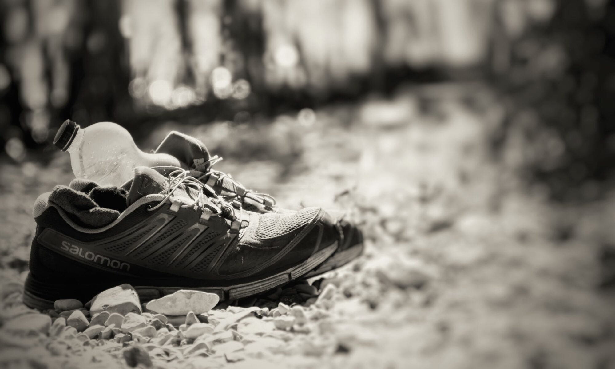Laufschuhe auf Kiespfad mit Trinkflasche im Wald.